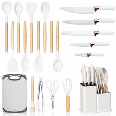 Set Ustensile Bucătărie 19 Piese din Silicon și Bambus — Design Elegant 🌿🍴