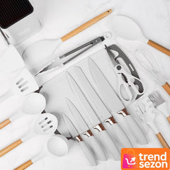 Set Ustensile Bucătărie 19 Piese din Silicon și Bambus — Design Elegant 🌿🍴