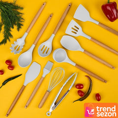 Set Ustensile Bucătărie 19 Piese din Silicon și Bambus — Design Elegant 🌿🍴