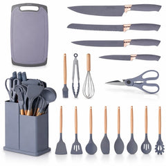 Set Ustensile Bucătărie 19 Piese din Silicon și Bambus — Eleganță și Funcționalitate 🍳✨