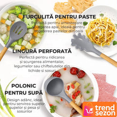 Set Ustensile Bucătărie 19 Piese din Silicon și Bambus — Eleganță și Funcționalitate 🍳✨