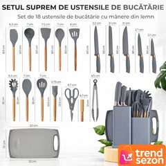 Set Ustensile Bucătărie 19 Piese din Silicon și Bambus — Eleganță și Funcționalitate 🍳✨