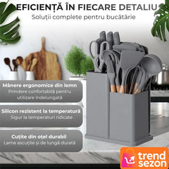 Set Ustensile Bucătărie 19 Piese din Silicon și Bambus — Eleganță și Funcționalitate 🍳✨