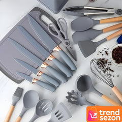 Set Ustensile Bucătărie 19 Piese din Silicon și Bambus — Eleganță și Funcționalitate 🍳✨