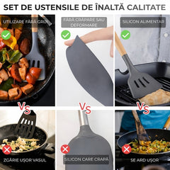 Set Ustensile Bucătărie 19 Piese din Silicon și Bambus — Eleganță și Funcționalitate 🍳✨