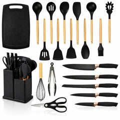 Set Ustensile Bucătărie 19 Piese Silicon & Bambus — Îți Transformă Gătitul! 🍳✨