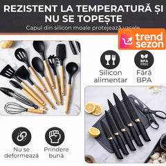 Set Ustensile Bucătărie 19 Piese Silicon & Bambus — Îți Transformă Gătitul! 🍳✨