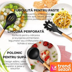 Set Ustensile Bucătărie 19 Piese Silicon & Bambus — Îți Transformă Gătitul! 🍳✨