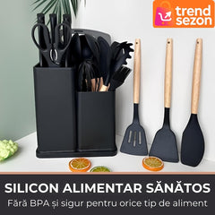 Set Ustensile Bucătărie 19 Piese Silicon & Bambus — Îți Transformă Gătitul! 🍳✨