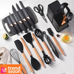 Set Ustensile Bucătărie 19 Piese Silicon & Bambus — Îți Transformă Gătitul! 🍳✨