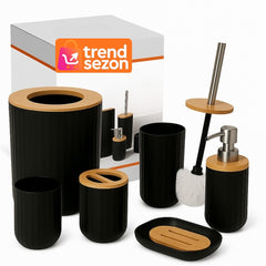 Set Baie 6 Piese Negru Mat cu Accente din Lemn - Eleganță Modernă 🖤🌳