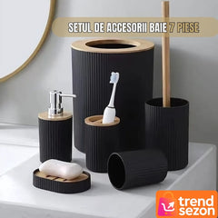Set Baie 6 Piese Negru Mat cu Accente din Lemn - Eleganță Modernă 🖤🌳