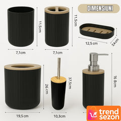Set Baie 6 Piese Negru Mat cu Accente din Lemn - Eleganță Modernă 🖤🌳