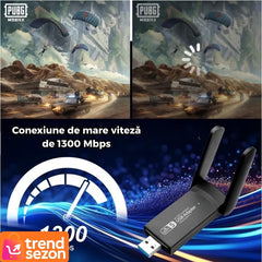 Adaptor Wireless USB 3.0 Dual Band 1200 Mbps cu Antene Externe — Conexiune Rapidă 🚀📶