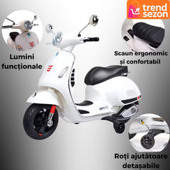 Scuter Electric pentru Copii 3-8 Ani, Design Vespa Alb — Distracție fără Limită! 🛵✨
