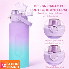 Bidon Fitness 2L Multicolor cu Duza și Inscriptii Motivaționale — Hidratare Ușoară 💧✨