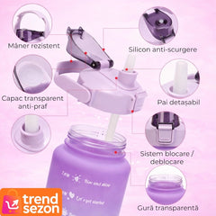 Bidon Fitness 2L Multicolor cu Duza și Inscriptii Motivaționale — Hidratare Ușoară 💧✨