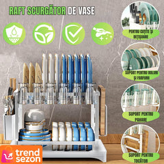 Uscător de Vase Supraetajat cu Suport pentru Tacâmuri și Pahare — Eleganță și Funcționalitate! 🍽️✨