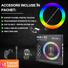 Lampa Circulară RGB LED cu Suport Telefon 45 cm — Iluminare Profesională 🎥💡