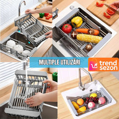 Cos de Scurgere Extensibil din Inox și Plastic Alimentar — Uscare Rapidă și Compactă 🌟🍽️