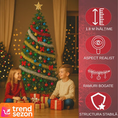 Brad de Crăciun Artificial 1.8 m cu Suport Metalic și Decoratii Complete — Magie de Sărbători 🎄✨