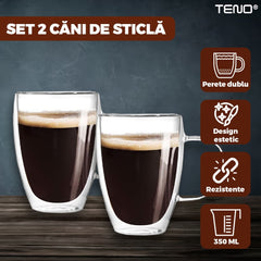 Set 2 Cani de Sticlă Termorezistente cu Perete Dublu — Perfecte pentru Cafea ☕️✨