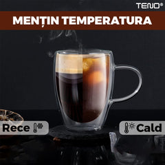 Set 2 Cani de Sticlă Termorezistente cu Perete Dublu — Perfecte pentru Cafea ☕️✨