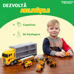 Set Camion Utilaje de Jucărie cu 6 Masinute Colorate — Distracție Pe Șantiere! 🚛🎉