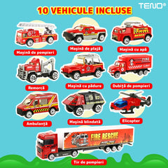 Set Camion Transport Pompieri cu 10 Masinute 🎉🚒 — Distracție Garantată!