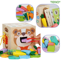 Cub Montessori Educativ din Lemn cu Legume și Pescuit — Dezvoltare Cognitivă 🌟🧩