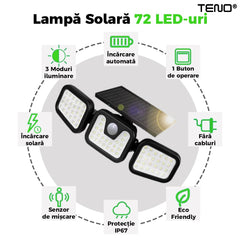 Lampa Solară Tripla cu 72 LED-uri și Senzor de Mișcare — Iluminare Inteligentă 🌞✨