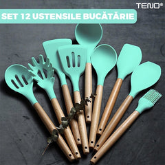 Set Ustensile Bucătărie 12 Piese Silicon Alimentar Turcoaz — Gătit cu Stil! 🍳✨