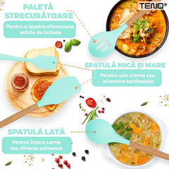 Set Ustensile Bucătărie 12 Piese Silicon Alimentar Turcoaz — Gătit cu Stil! 🍳✨