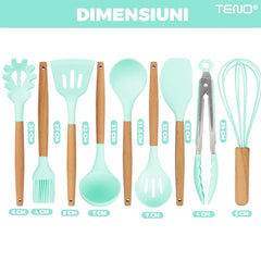 Set Ustensile Bucătărie 12 Piese Silicon Alimentar Turcoaz — Gătit cu Stil! 🍳✨