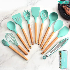 Set Ustensile Bucătărie 12 Piese Silicon Alimentar Turcoaz — Gătit cu Stil! 🍳✨