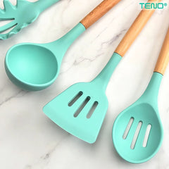 Set Ustensile Bucătărie 12 Piese Silicon Alimentar Turcoaz — Gătit cu Stil! 🍳✨
