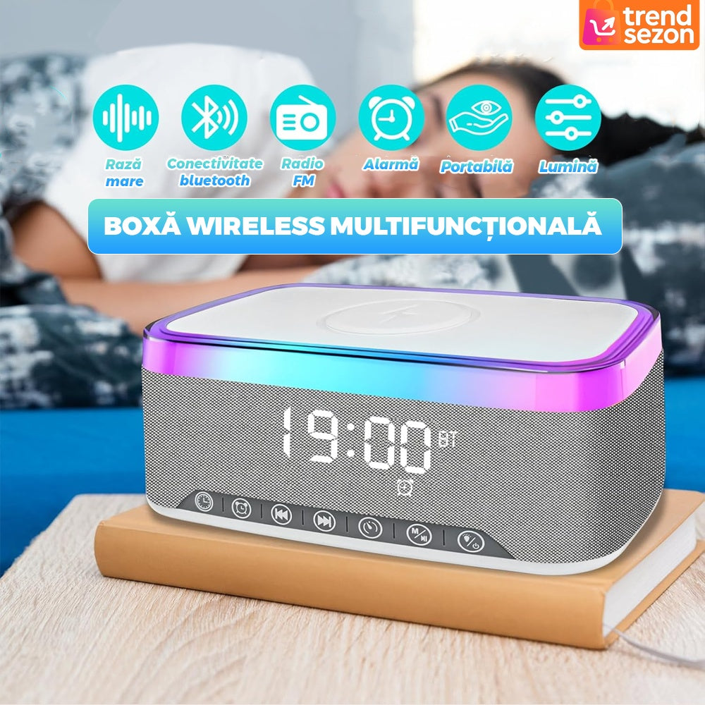Boxă Smart Bluetooth cu Încărcare Wireless & Ceas LED - Sunet Clar