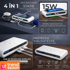 Încărcător Wireless 4 în 1 cu USB-C și 2 Porturi USB — Rapid și Eficient ⚡📱