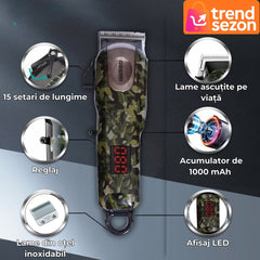 Trimmer Profesional cu Afișaj LED și 15 Setări de Lungime — Tăiere Preciză pentru Stiluri Diverse ✂️🎖️