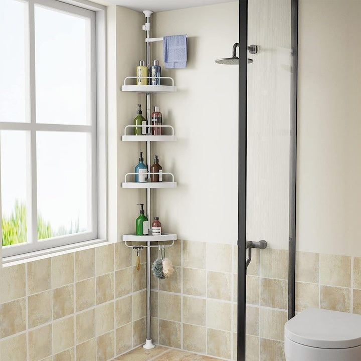 Etajera Extensibilă pentru Baie cu 4 Polițe și Carligi — Spațiu Optimizat! 🛁✨