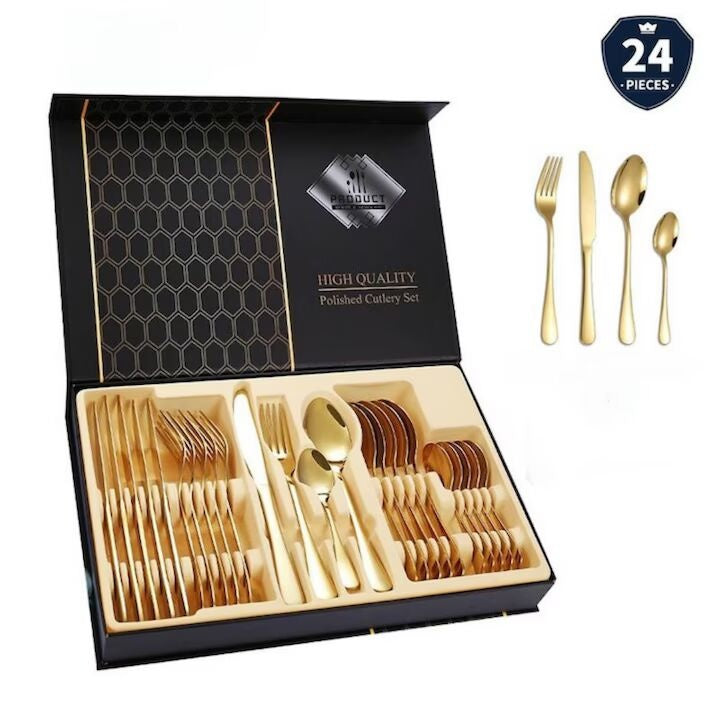 Set 24 Tacamuri Inox cu Finisaj Auriu Luxos — Eleganță la Masa Ta ✨🍽️