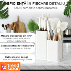 Set Ustensile Bucătărie 19 Piese din Silicon și Bambus — Design Elegant 🌿🍴