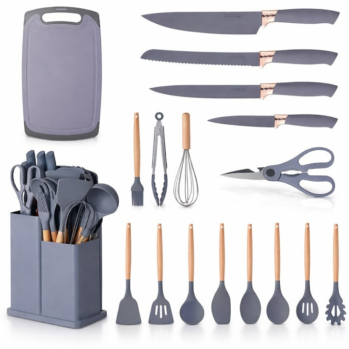Set Ustensile Bucătărie 19 Piese din Silicon și Bambus — Eleganță și Funcționalitate 🍳✨
