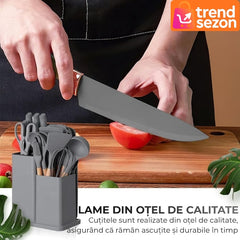 Set Ustensile Bucătărie 19 Piese din Silicon și Bambus — Eleganță și Funcționalitate 🍳✨