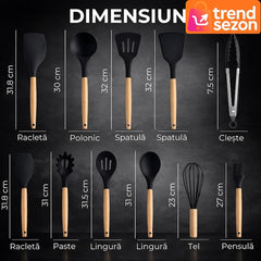 Set Ustensile Bucătărie 19 Piese Silicon & Bambus — Îți Transformă Gătitul! 🍳✨