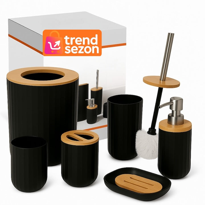 Set Baie 6 Piese Negru Mat cu Accente din Lemn - Eleganță Modernă 🖤🌳