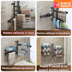 Suport Prosoape Rotativ Negru Matt cu 4 Brate Mobile — Fără Gaurire 🔄🖤