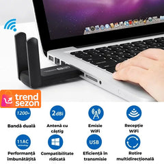 Adaptor Wireless USB 3.0 Dual Band 1200 Mbps cu Antene Externe — Conexiune Rapidă 🚀📶