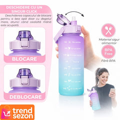 Bidon Fitness 2L Multicolor cu Duza și Inscriptii Motivaționale — Hidratare Ușoară 💧✨