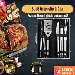 Set 5 Ustensile de Grătar din Oțel Inoxidabil Premium — Perfecte pentru Evenimente în Aer Liber! 🍖🔥
